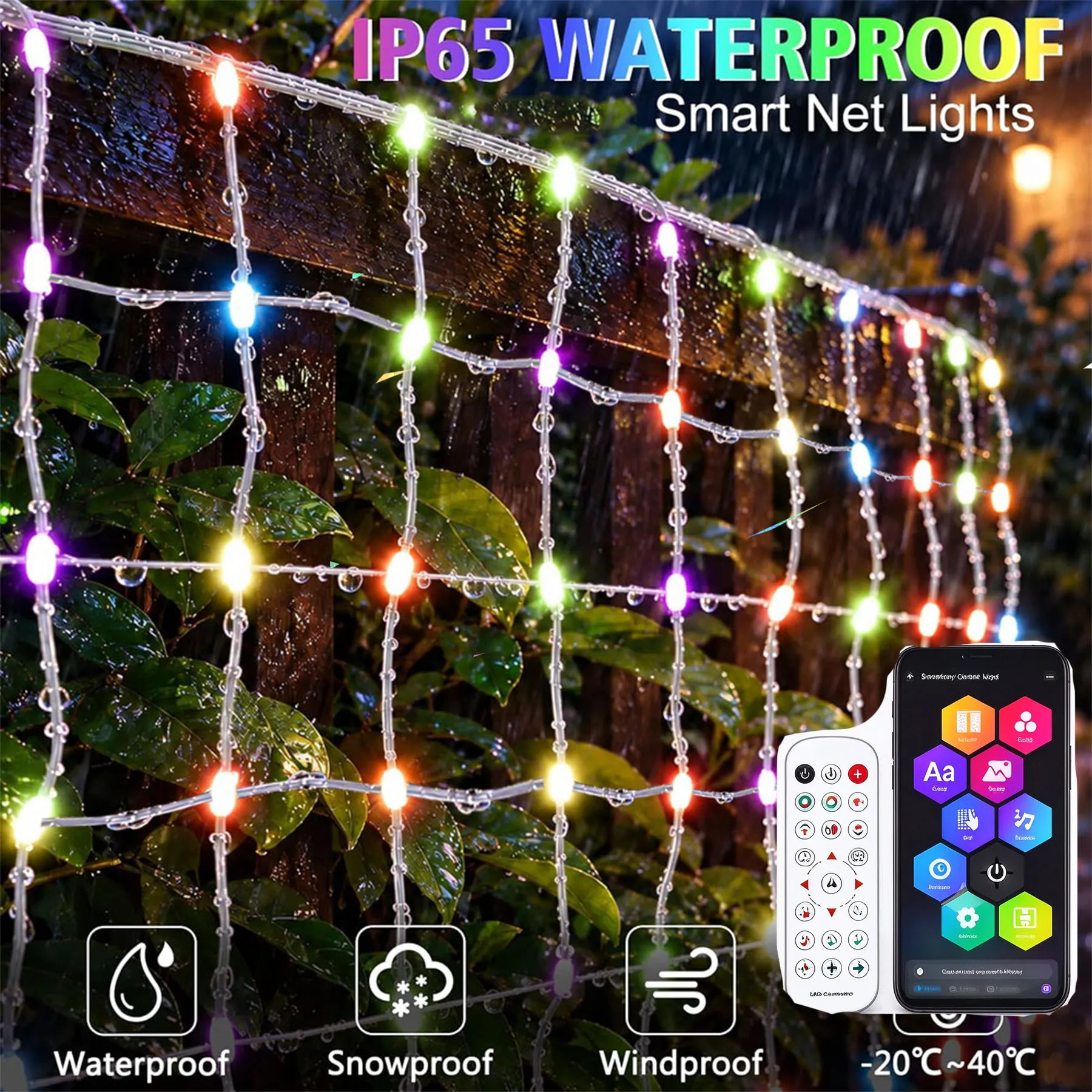 SIHAO 1024LED Smart RGB Net Lights IP65 Waterproof App DIY Pattern Music Sync Timer LED Mesh Light for Garden Fence Xmas