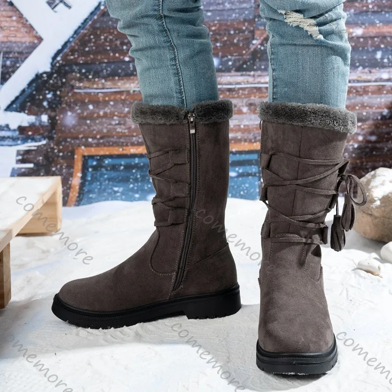 Comemore أحذية الثلوج النساء 2025 الشتاء خمر الجلد المدبوغ شرابة منتصف العجل الأحذية الدافئة طويلة أفخم المرأة الجلد المدبوغ الصلبة عالية بوتاس الأحذية