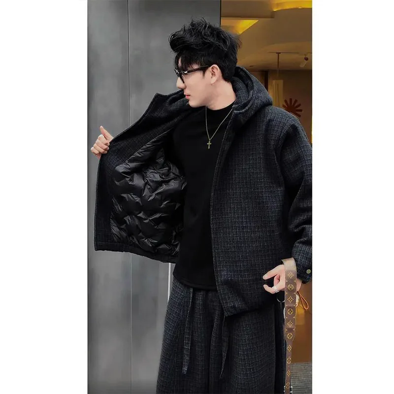 

Стильный мужской комплект: хлопковая куртка в клетку с капюшоном и брюки, модный городской стиль, утепленный, с длинными рукавами, на молнии