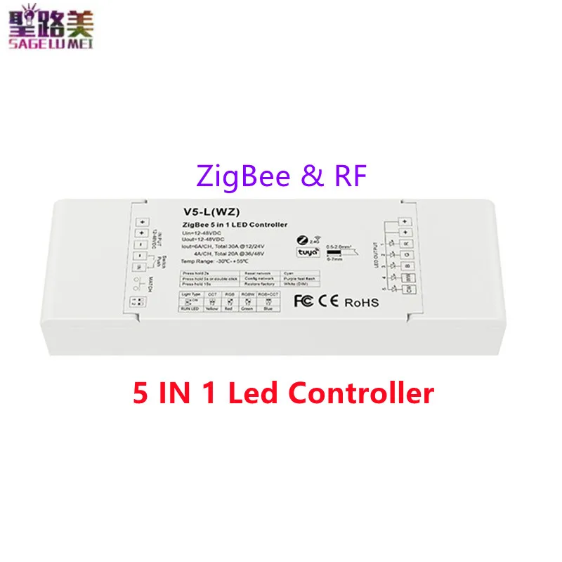 V5-L(WT)WiFi / V5-L(WZ)ZigBee 5 in1 Controller LED DC12-48V Input 5Channel Output Tuya App 2.4G RF Push Dim per luci di striscia a Led