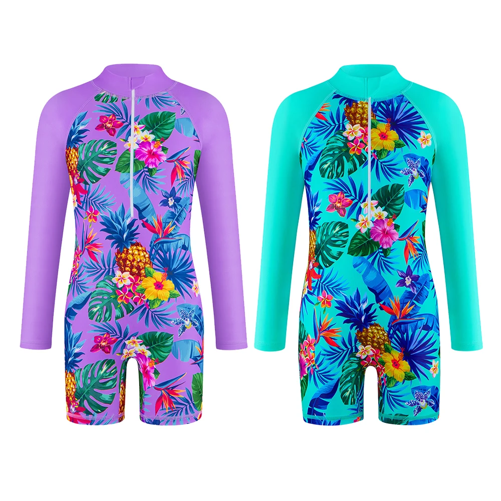 Girls' swimsuit Little Girl Long Sleeve Front Zipper Swimwear Kids Single suits and cut 4-12 Years Children One Piece Swim suits