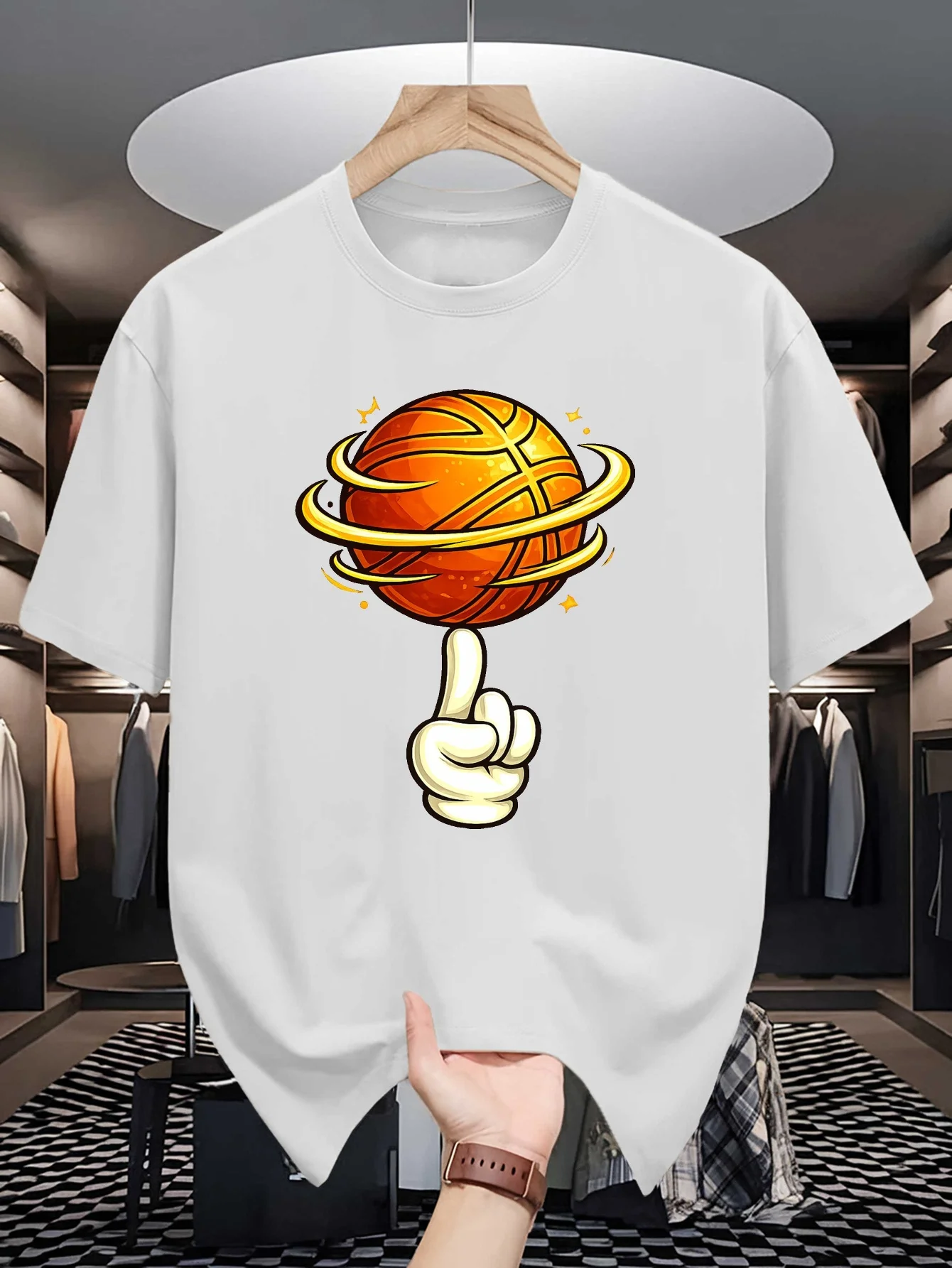 Mens Finger Spinning Basketball Graphic Tee Cool Basketball Trick Print O Neck Short Sleeve Cotton Tops For Sport Lover Men