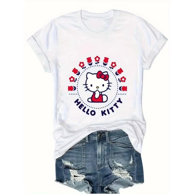 

Sanrio Cute Cartoon Fashion Hello Kitty Bow Printed Women T-shirt Comfortable and Easy Round Neck Summer Pure Cotton Casual Top