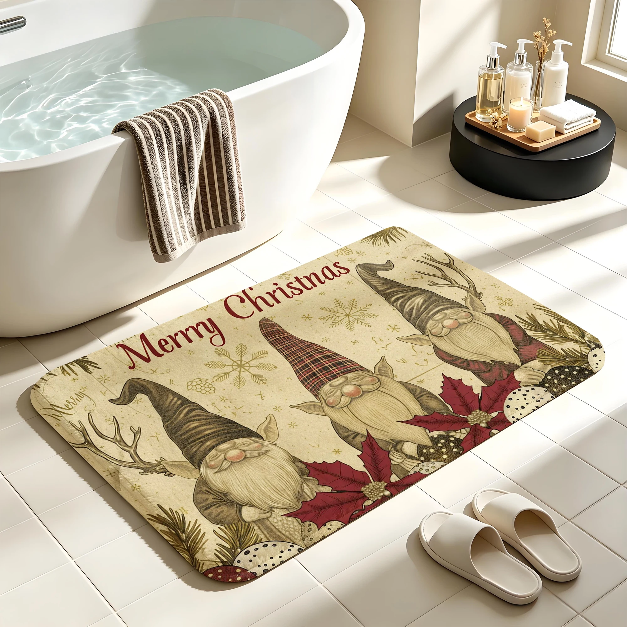 Vintage Christmas Gnome Snowflake Floral Print Plush Absorbent Sponge Mat,Bathroom Non‑Slip Mat & Decorative Door Mat