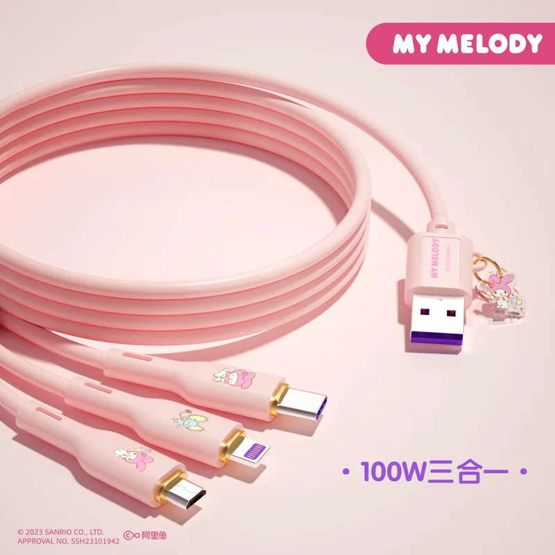 Kawaii Kuromi My Melody Cinnamoroll Super Fast Charging Three-In-One Data Cable Anime Sanrio Girly Heart Cute Iphone Data Cable