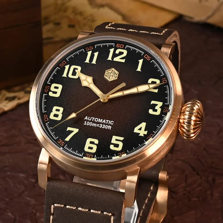 San Martin Men Pilot Watch 45mm Bronze Automatic Mechanical Wristwatch 10Bar C3 Luminous Onion Crown YN55 Small Second Dial