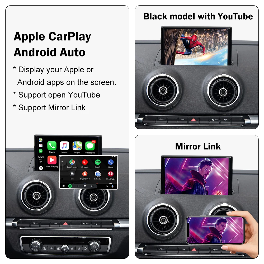 Android Auto CarPlay nirkabel untuk Audi A3 8v Q2 8P 2013-2018, dengan tautan cermin AirPlay Bluetooth USB fungsi kamera mundur