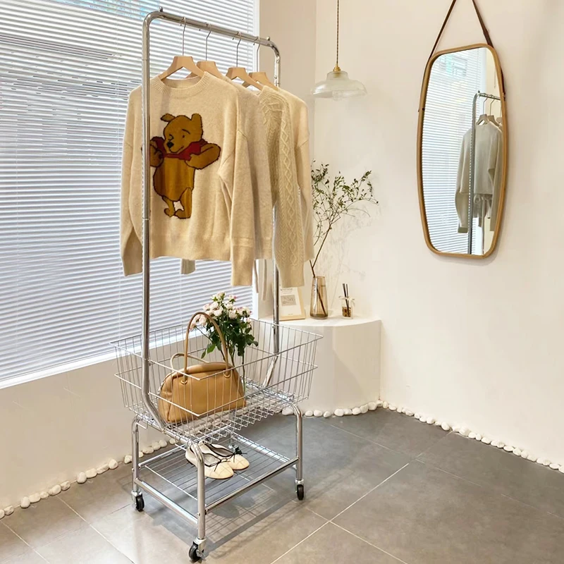 

‌Carbon Steel Clothing Rack on Wheels Rolling Garment Display Stand Shelves Strong Capacity Boutique Retail Shop Storage Cart