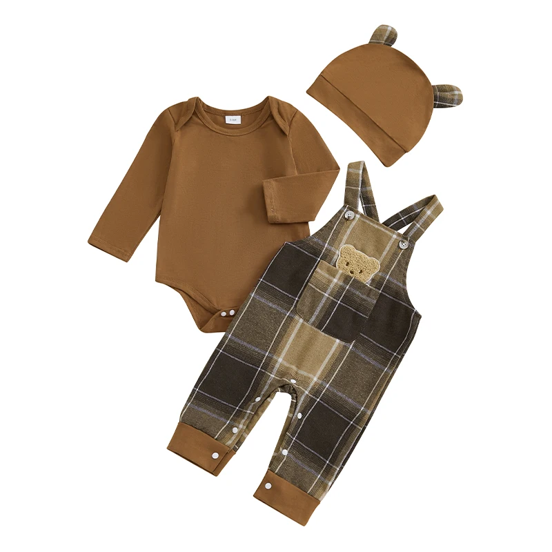 Pudcoco Infant Baby Boys 3PCS Outfit Sets Long Sleeve O Neck Romper Plaid Suspender Pants Hat Sets 0-18M