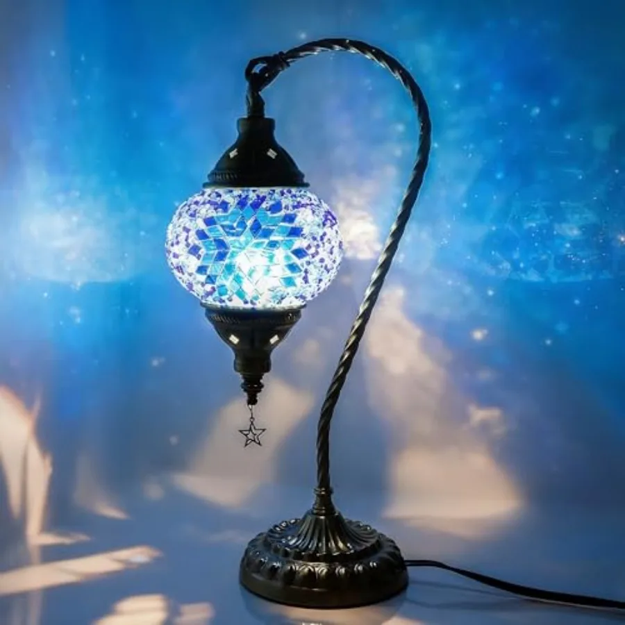 

Turkish Moroccan Lamp with 3 Color Options - Handmade Tiffany Mosaic Glass Bedside Lamp with Bronze Base, Swn-Neck Nightstnd Li