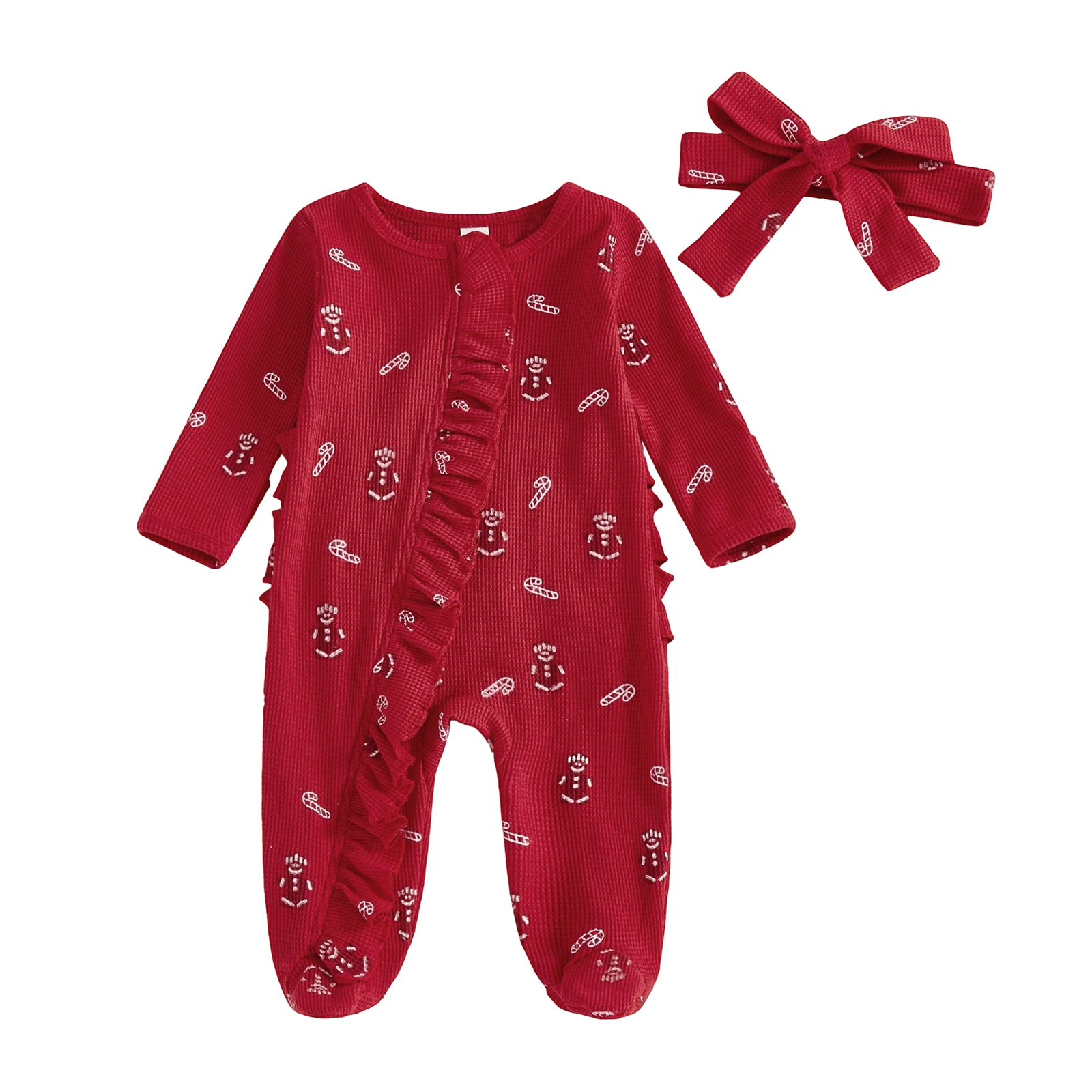 

Newborn Baby Girl Christmas Romper Candy Cane Print Long Sleeve Zip Up Footed Jumpsuit with Headband