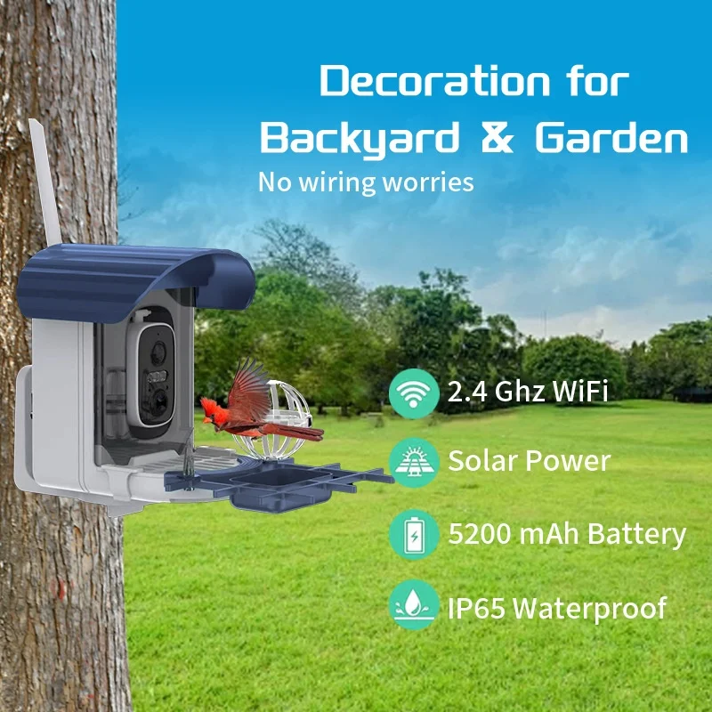 Outdoor Bird Feeder Camera Solar-Powered Humming Bird Visual Remote-Controlled App-Supported Smart AI Bird Watching 2K QHD