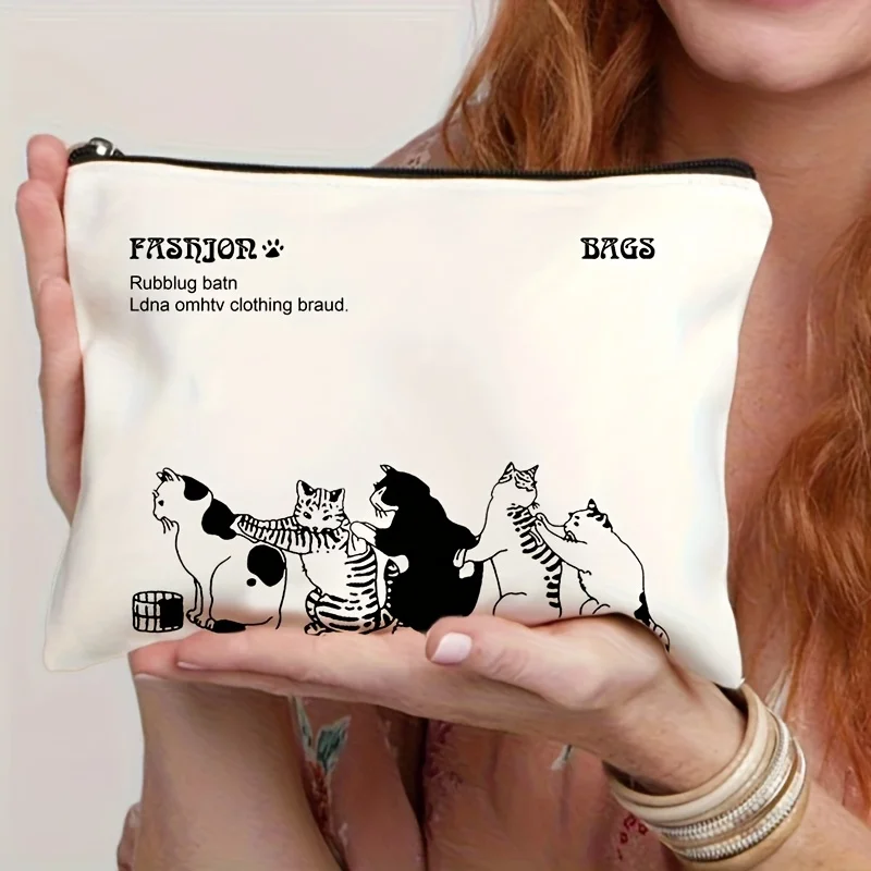 Women'S Fun Cat And Rabbit Print Makeup Bag - a Foldable And Lightweight Travel Cosmetics Organizer, Beige Toiletry Bag with Zip