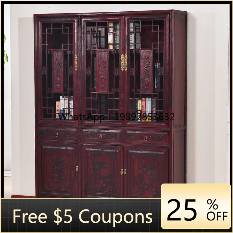 LYY Solid Wood Three-Door Chinese Antique-Style Bookcase Furniture Bookshelf Combination Southern Elm Wood Ming-Qing  Cabinet
