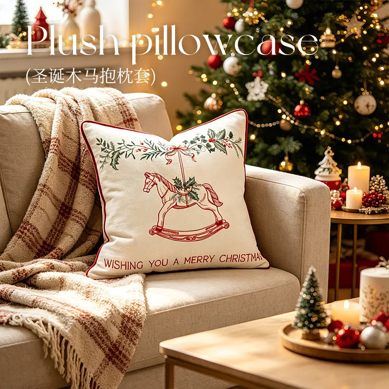 Christmas Embroidery Rocking Horse Cushion Cover Chenille Fabric Xmas Holly Berry Decor Pillowcase Vintage Holiday Home Decor