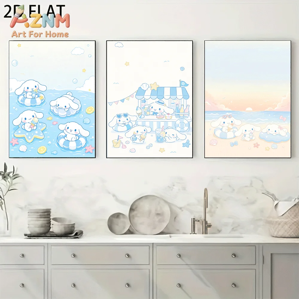 AZNM Cinnamoroll Canvas Wall Art Unframed Cute Cartoon Print Poster Summer Beach Seaside Ice Cream Shop Swimming Ring Starfish S