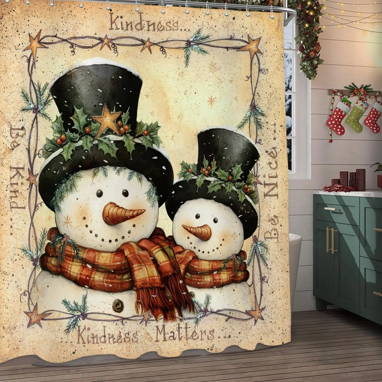 Retro Vintage Snowman Shower Curtain, Cute Winter Holiday Rustic Farmhouse Christmas Bathroom Accessories With 12PCS Hooks,