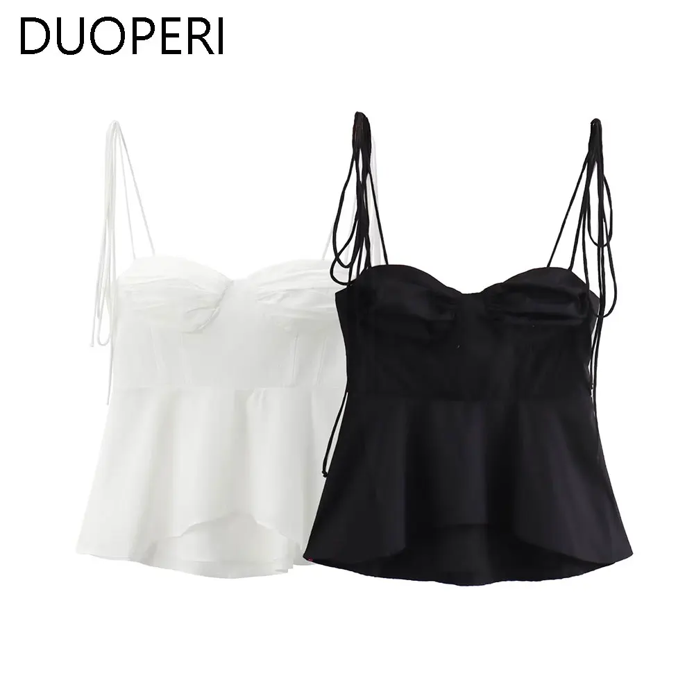 DUOPERI  Women Fashion Solid Pleated Backless Cropped Tops Camisole V-Neck Thin Straps Female Chic Lady Casual Crop Top