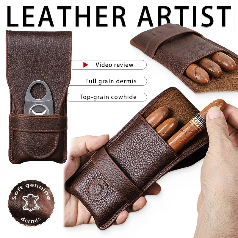 

Винтажный портативный дорожный хьюмидор для сигар из натуральной кожи на 3 сигары с резаком и футляром, элегантный подарочный набор для мужчин