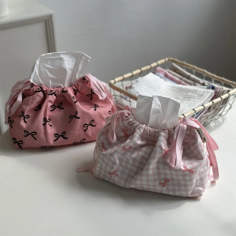 1PC Desktop Organizer Pink Bow Drawstring Storage Bag Multi-Purpose Tote Tissue Bag