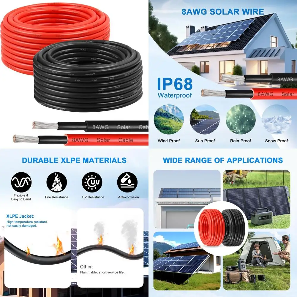 

Кабели-удлинители 10 мм² 8AWG, красно-черные, 2 шт., луженая медь, УФ-стойкие, для солнечных панелей, автодомов, инверторов и аккумуляторов