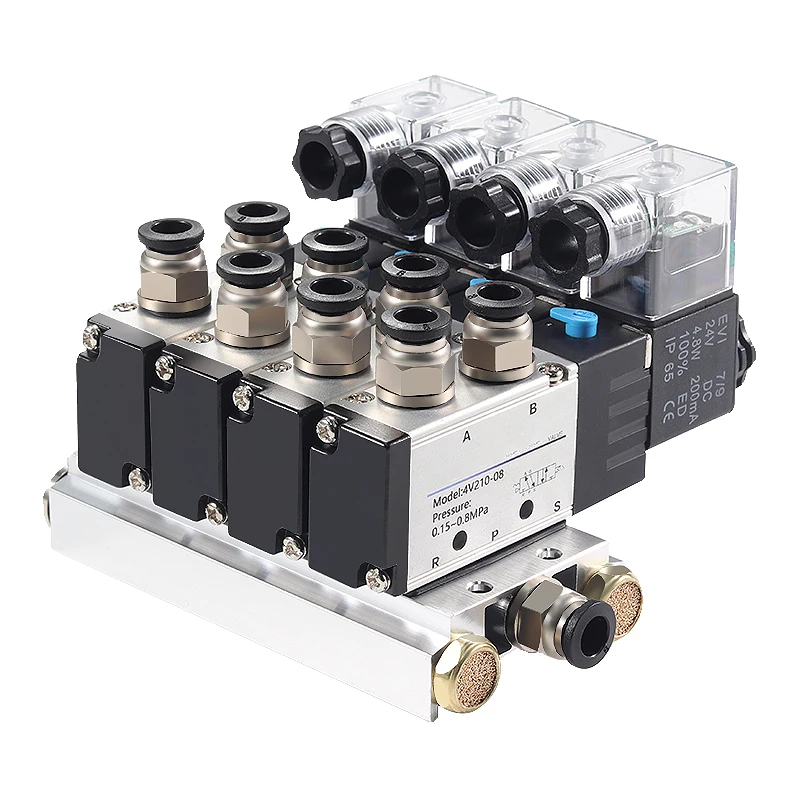 5 Way 2 Position 4V210-08 Manifold Group Pneumatic Electric Solenoid Valve Island cylinder Reversing 12/24/220V Coil Volt