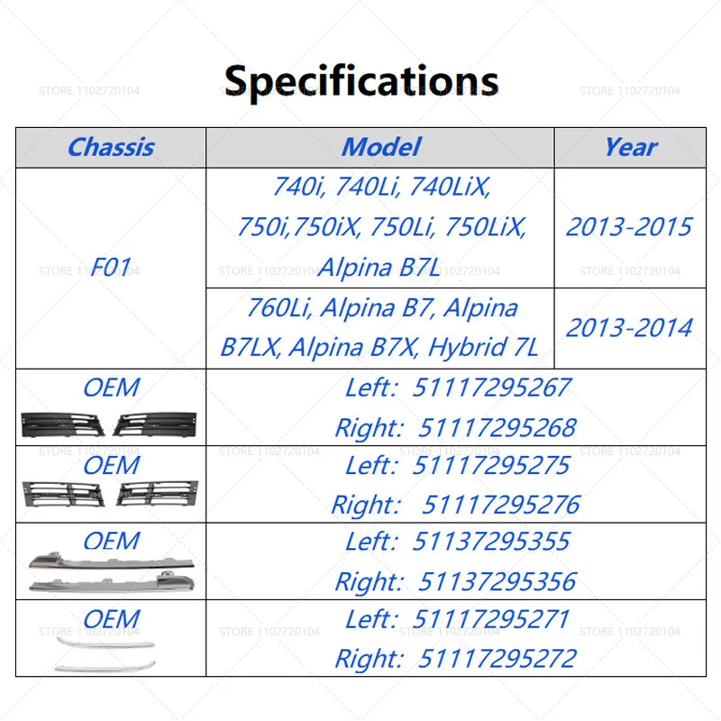 for 2013-2015 F01 BMW 740 750 760 Alpina Hybrid Front Bumper Lower Grille Trim 51117295267 51117295275 51137295355 51117295271