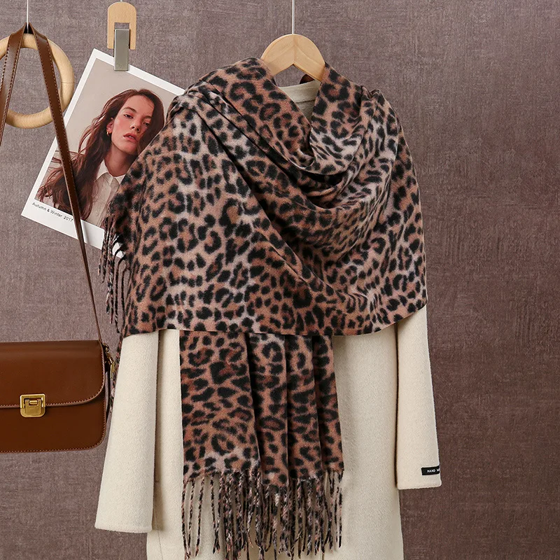 Autumn and Winter Leopard Print Scarves with Tassel Printed Imation Cashmere Tippet Sunscreen Hijab