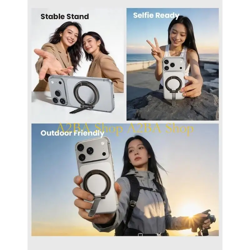 A2BA Phone Stand Holder with Detachable Ringing for Car Dashboard Desk and Handheld Use 360 Rotating Strong Suction Base