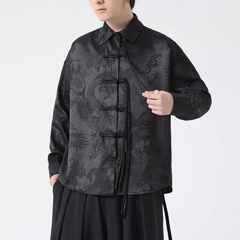 Dragon Jacquard Long Sleeve Lapel Collar Chinese Button Knot Shirt - Luxury Traditional & Modern Tang Suit Style for Men Plus