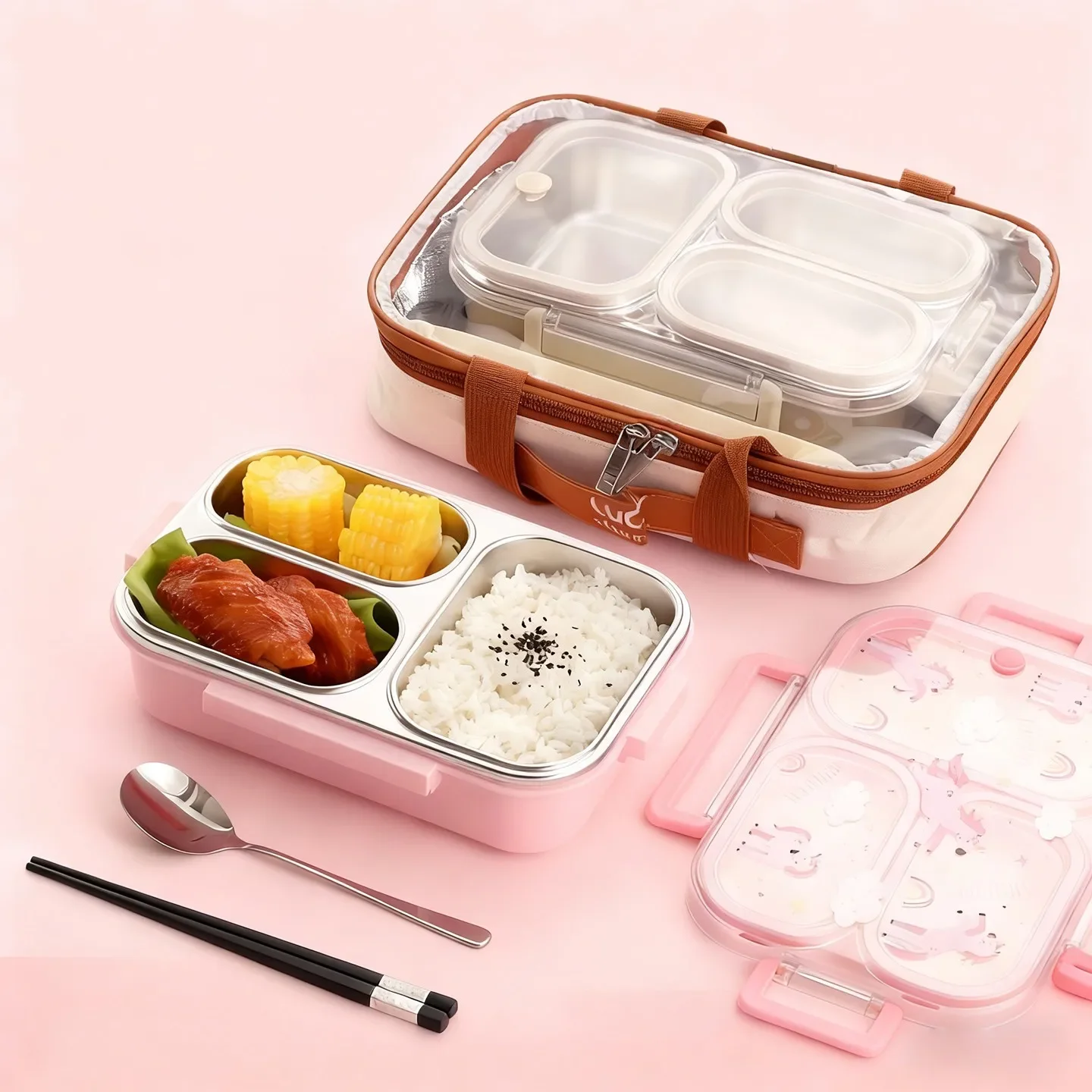 Large Capacity Cartoon Handheld Lunch Box For Kids Students Portable Sealed 304 Stainless Steel Divided Food Container Heatable