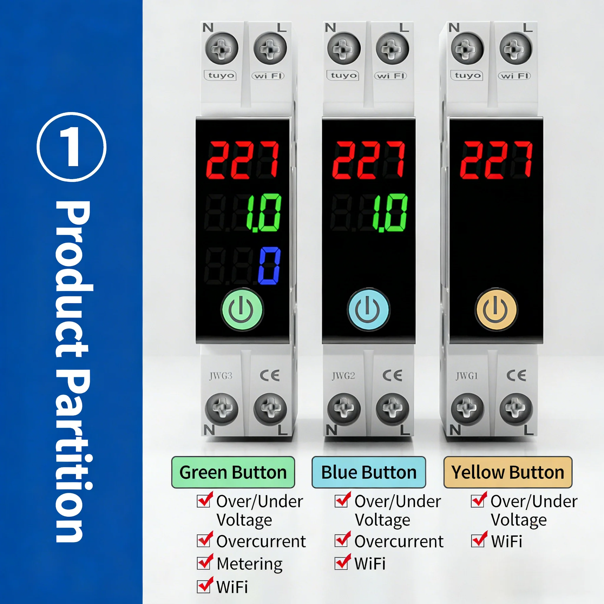 Smart WiFi Remote Control LED Display Multi-Function 1P+N Mini Circuit Breaker with Over/Under Voltage & Overcurrent Protection