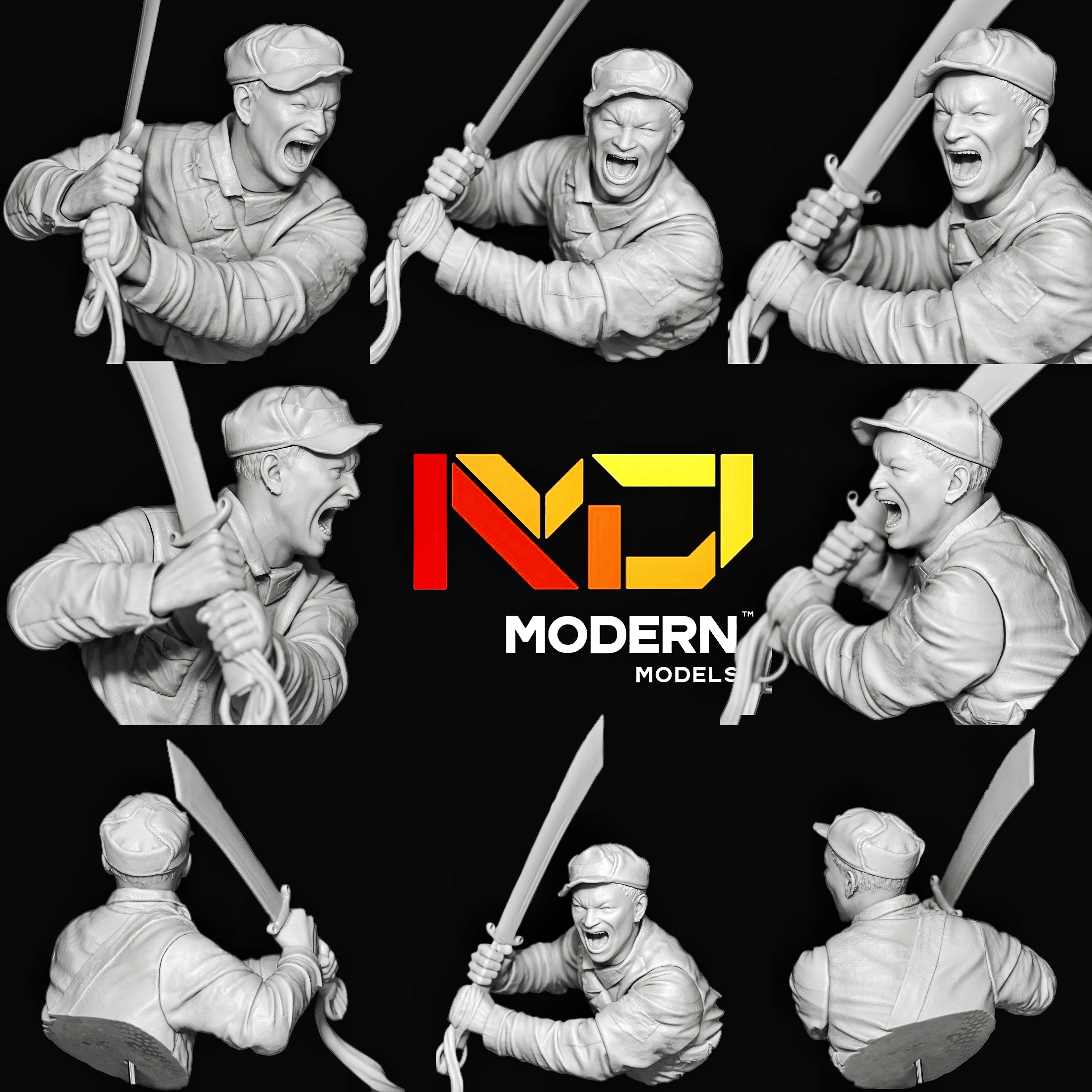 Modelo moderno: estatua de busto de dos cabezas, guerrero sabre del ejército de octava ruta, estatuilla de resina, molde blanco