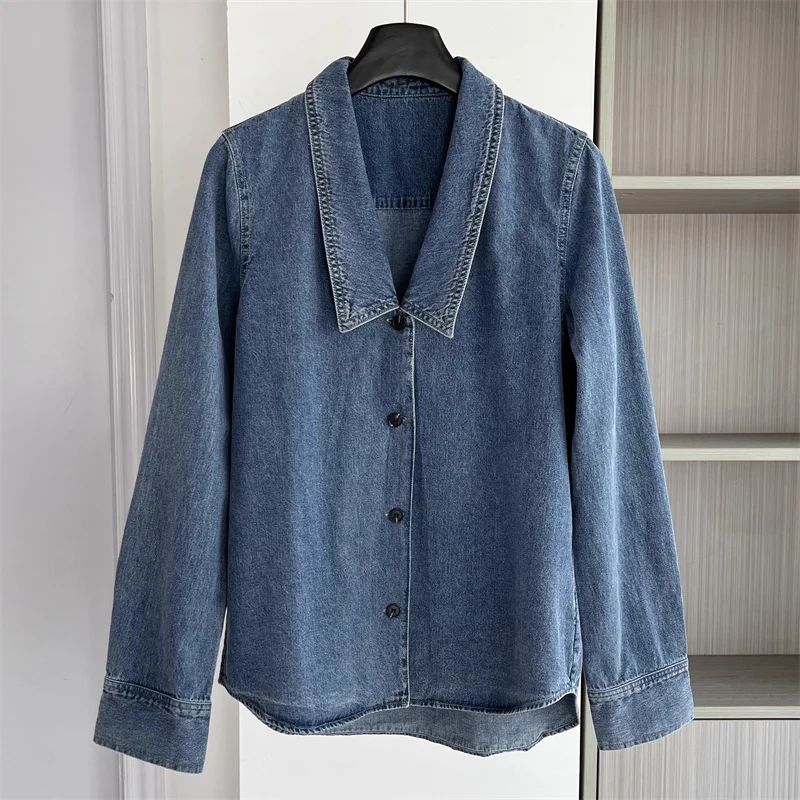 

Женская рубашка, новинка зимы 2025, однобортный облегающий топ с лацканами и длинными рукавами, джинсовая рубашка из чистого хлопка в стиле ретро, y2k, женская блузка