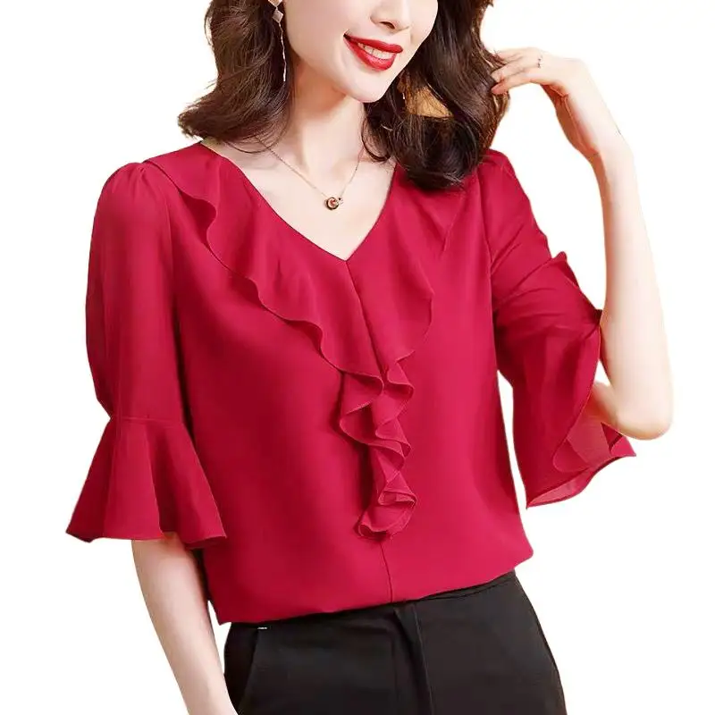 

2024 Elegant office lady Lotus leaf collar chiffon shirt,Fashion korean style flare sleeve OL style blouse red black white Tops