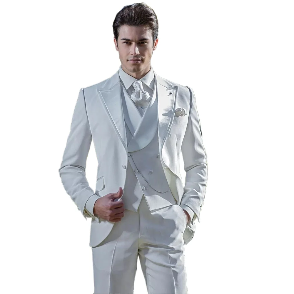 Fashion White 3 Piece Men's Suits Elegant Wedding Slim Fit Jacket Pants Vest Full Sets High Quality Customized Male Clothing