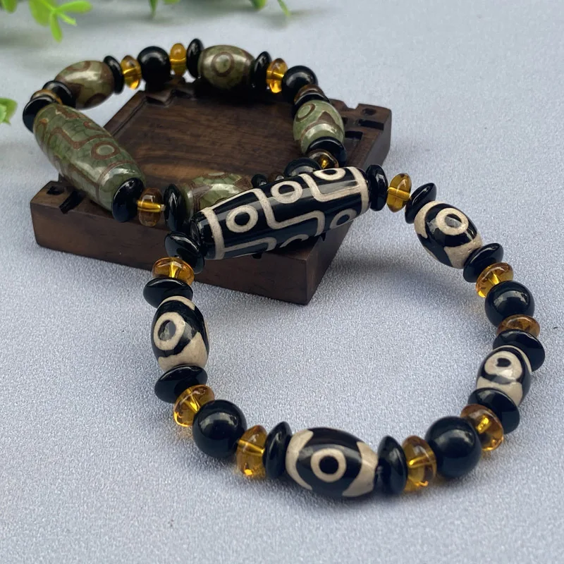 Three- Dzi Tibetan Style Old Agate Nine-Eyed Bead Bracelet for Men Elastic Cord