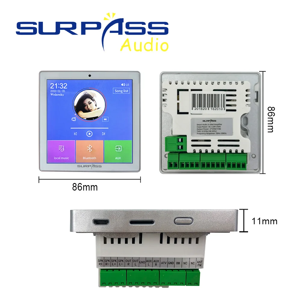 Smart Home Background Music System Bluetooth In Wall Amplifier 2x25W Mini Touch Screen Stereo Sound Recessed Ceiling Speaker Kit