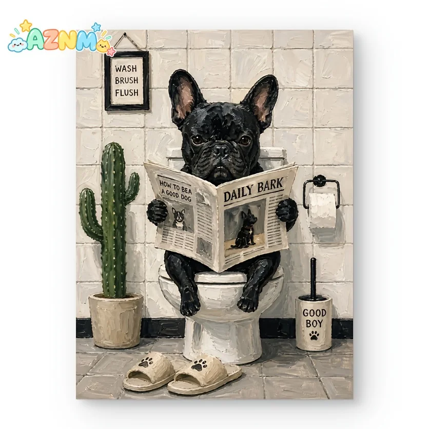 2D Flat, 2D Flat, Posters And Prints 1pc Unframed Quirky French Bulldog Bathroom Canvas Wall Art Print, Oil Painting Style Bl
