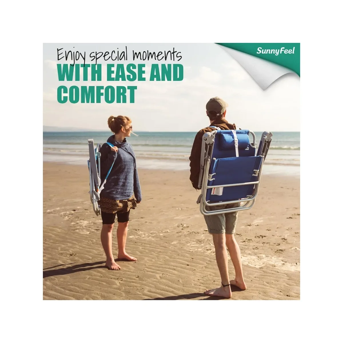 كرسي شاطئ قابل للطي من الألومنيوم، 3 أوضاع، ظهر منخفض ومسند ذراع خشبي، شريط أزرق 300 رطل