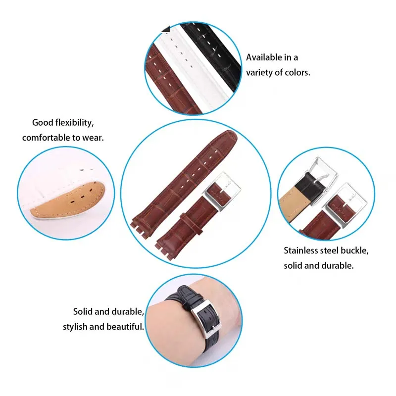 17mm 19mm men leather watch strap accessory compatible for Swatch YCS YAS YGS GW164 SUOW701 SUOB704 women steel buckle Wristband