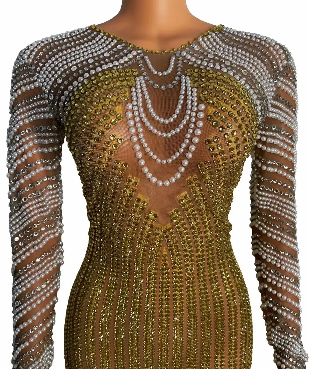 Gold Shining Rhinestones Pearls Sexy Long Sleeves Sheath Dress For Women Nightclub Party Clothing Birthday Prom Stage Costume