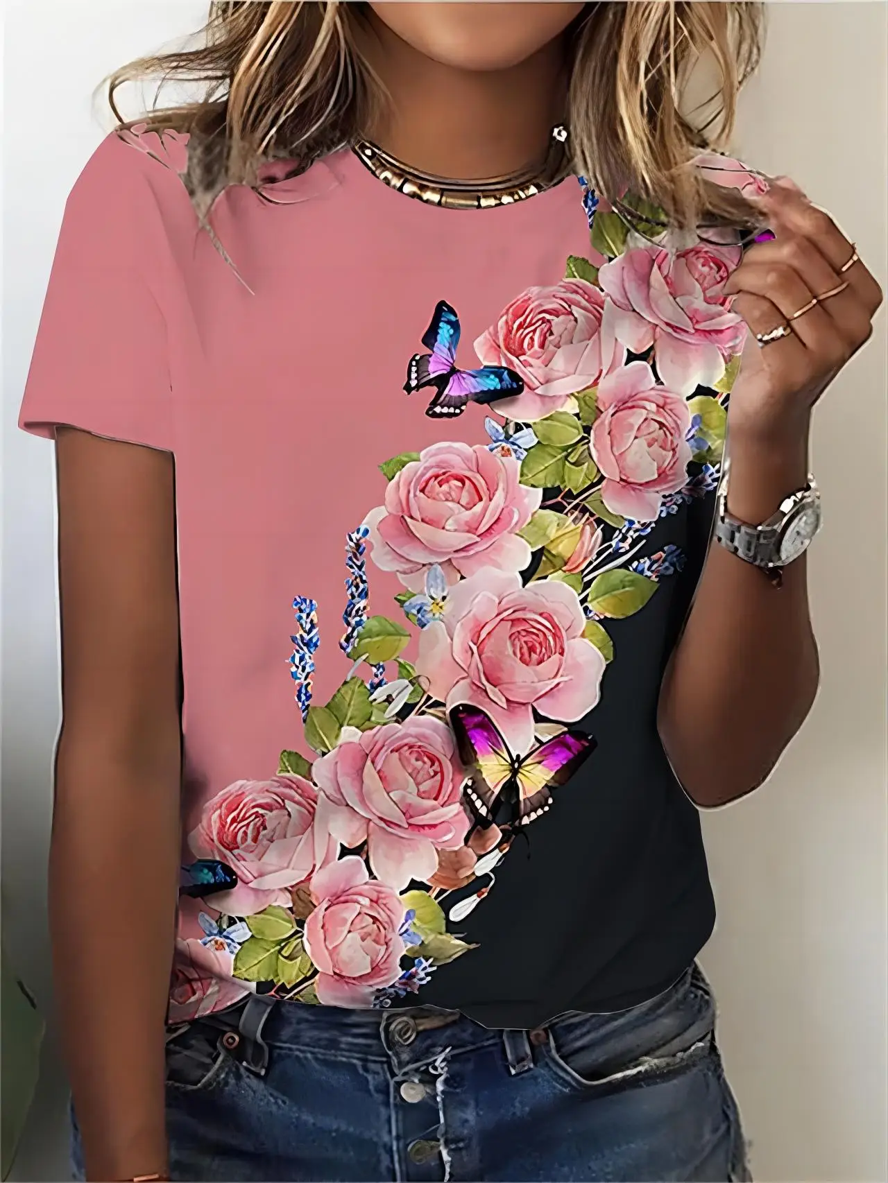 butterfly and blue roses print Crew Neck T-Shirt, Casual Short Sleeve T-Shirt For Spring & Summer, Women's Clothing