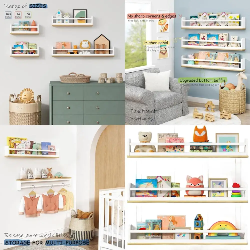 

Set of 3 Wall-Mounted Floating Shelves, 36 Long, White & Natural Wood, Nursery & Kids' Bedroom, Playroom