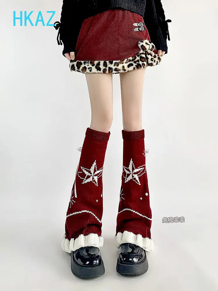 New Year's Christmas Red Leg Cover Female Sweet Bow Straps Stacked Socks Lolita Knitted Leg Warmers Medium Tube Calf Socks