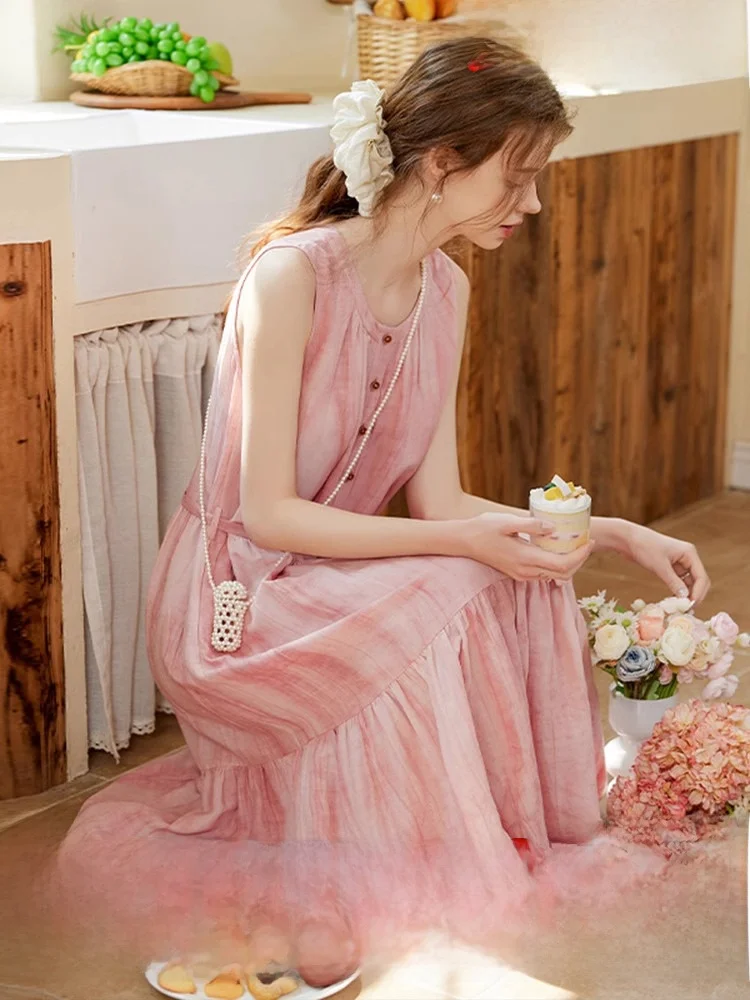 

Vaion Sle Long Svel round Ne Vest Dr Ele Design Summer New Ladies High Waist A-Line Dr Casual Ci Wear