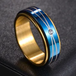 New Style Blue Rotate Freely Spinning Ring Stainless Steel Anxiety Fidgets For Men Boyfriend Geometric Patterns Anti Stress Jewe
