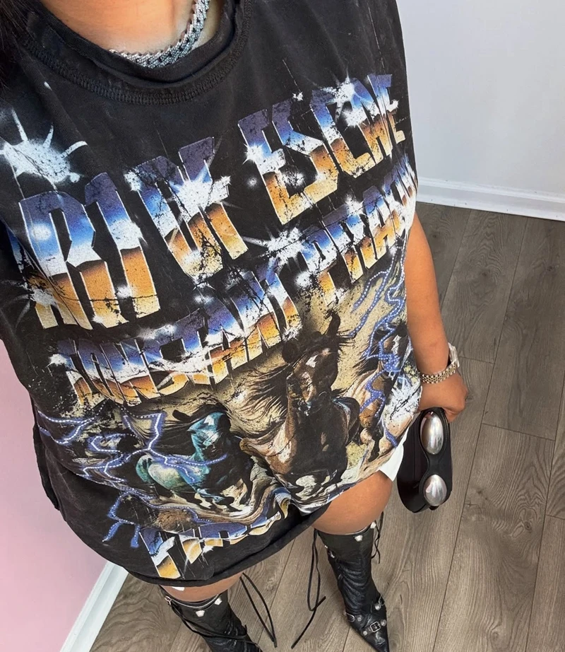 STYLISH LADY Casual Letter Fun Printed T Shirts 2025 Summer Women Sleeveless O Neck Black Casual Loose Hip Hop High Street Tops