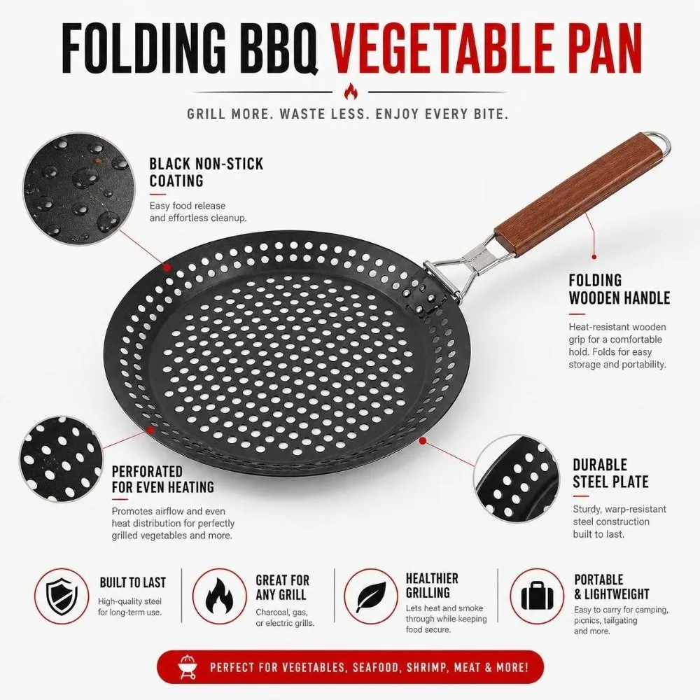 Folding Non Stick Grilling Skillet Wooden Handle Round BBQ Grilling Pan Hollow Heat Resistant Outdoor Grill Topper