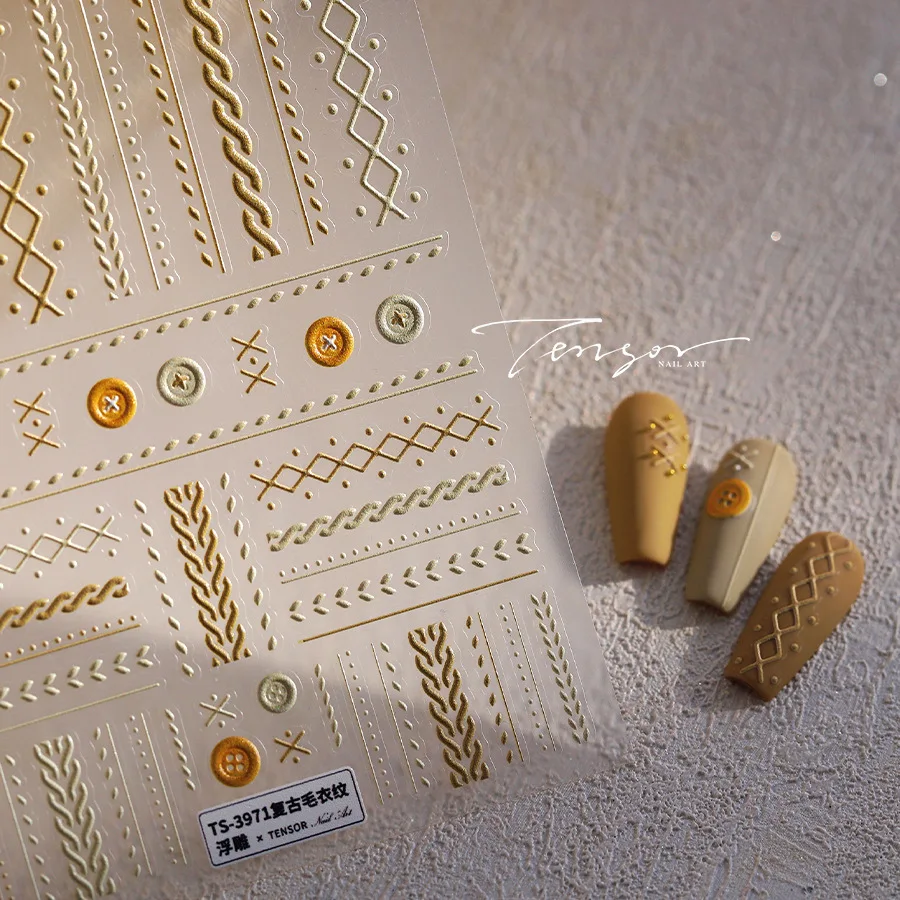 Patrón de rejilla de lana botón Bowknot pegatinas para decoración de uñas diseño en relieve adhesivo decoración artística de uñas de invierno de alta calidad